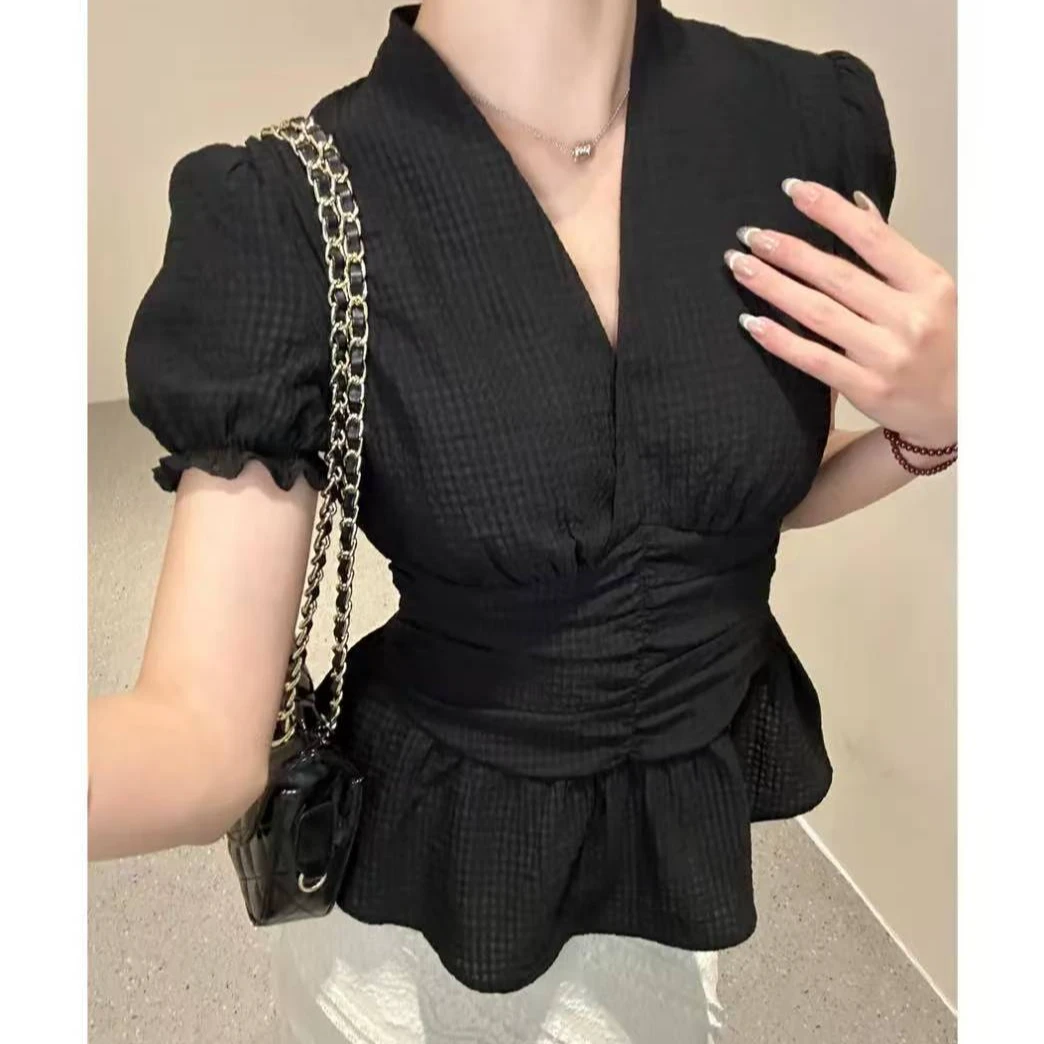 INS风休闲风慵懒风时尚套装泡泡袖抽绳公主风国风收腰褶皱显瘦