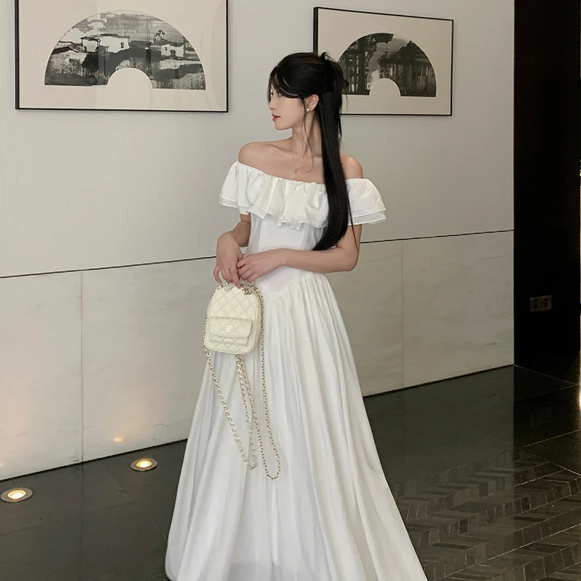 法式温柔风荷叶边一字肩连衣裙女夏季新款收腰显瘦生日礼服长裙子