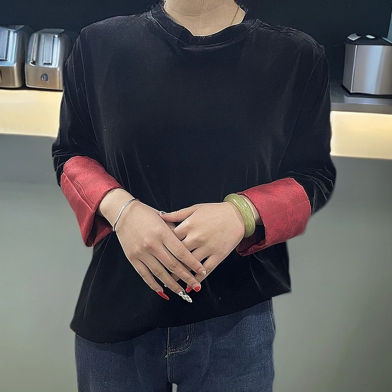 AC【2421】红 国风圆领丝绒打底衫2025春季新款撞色衬衫中国风上衣