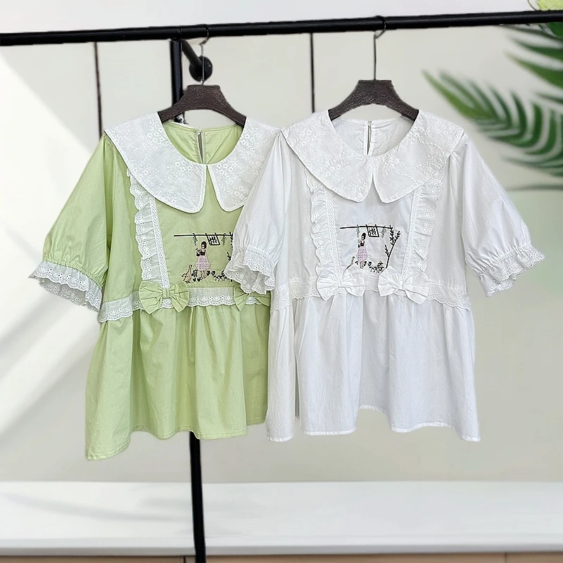 大码女装娃娃领套头衬衫胖妹妹短袖女显瘦遮肚子减龄洋气夏季上衣