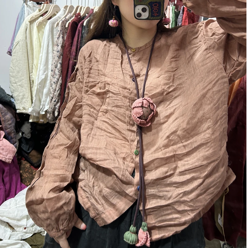 妞妞 新款高品质褶皱苎麻彩扣脏洗做旧百搭洋气小衫