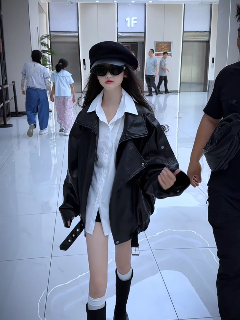 2025秋季女童中大童新款美式松紧腰机车宽松PU皮衣皮夹克短外套