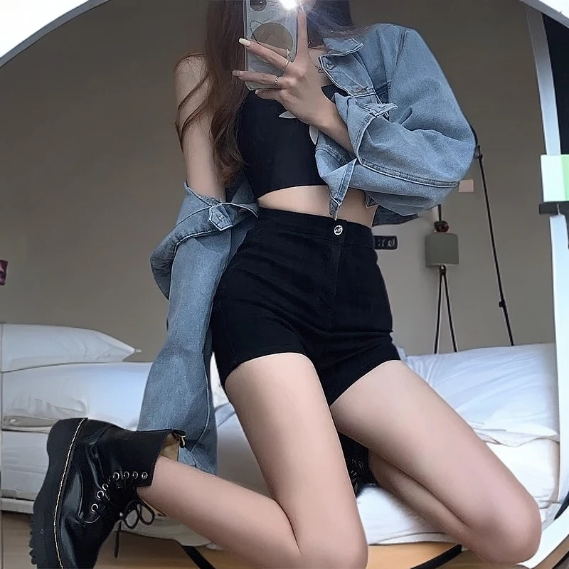 黑色短裤女外穿打底2025秋装大码高腰辣妹紧身牛仔裤包臀超短热裤
