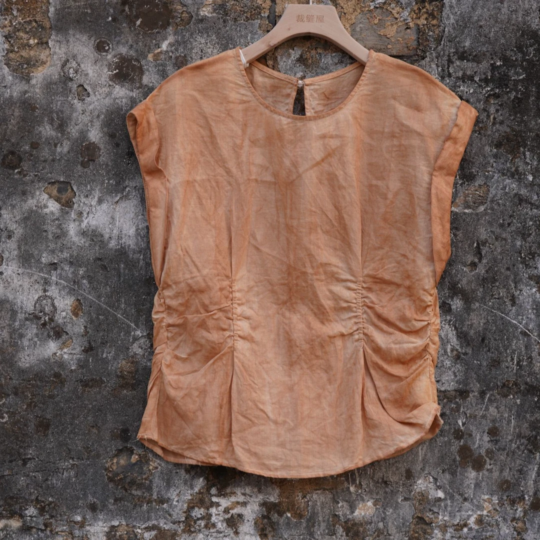 植物染柿染通勤无袖纯色女士宽松型圆领百搭文艺小衫