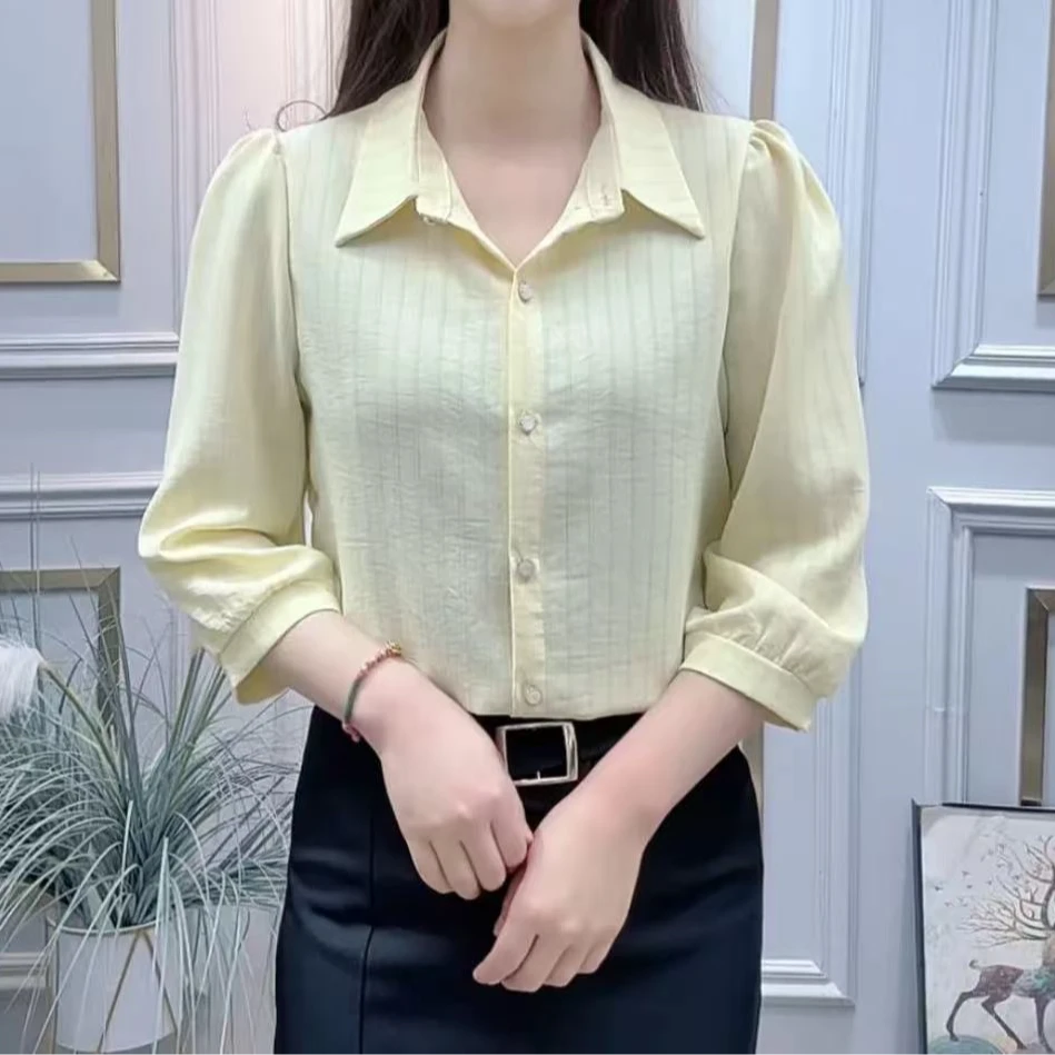简约七分袖衬衫女2025春夏季新款时尚百搭设计感E小众显瘦小衫
