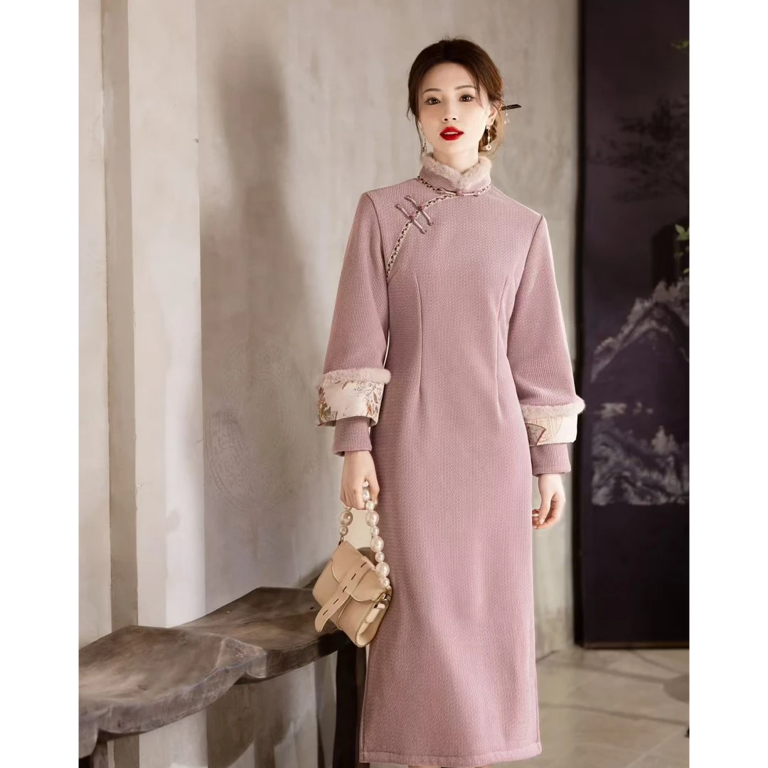 【紫薯团团】紫色旗袍新中式国风2025年新款加绒雪尼尔年服日常3783