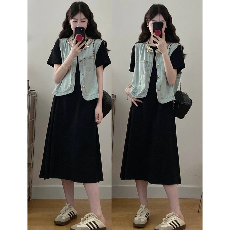 大码夏季新款显瘦百搭牛仔马甲黑色遮肚子连衣裙洋气减龄气质穿搭