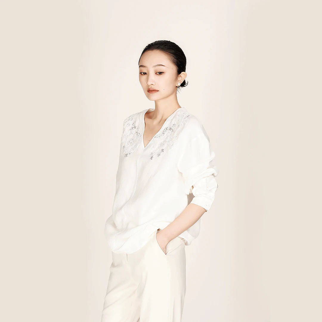 WVOW 【西西里】 春高级亚麻重工花卉刺绣钉珠法式衬衫WV0074