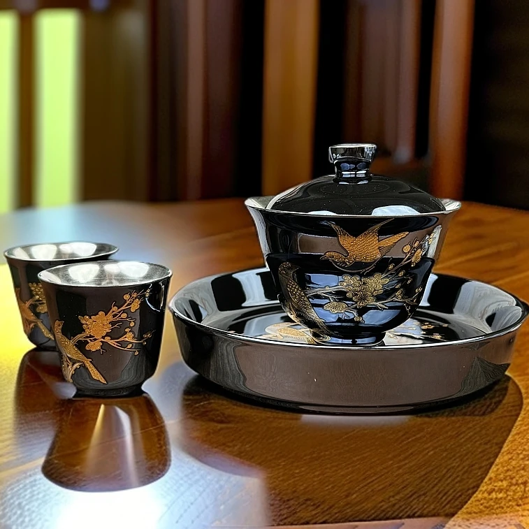 郑文强黑金喜上眉梢—盖碗+两杯+壶承+主人杯ZH229