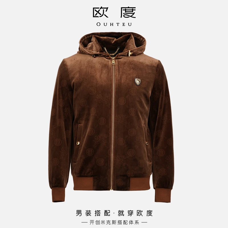 OUHTEU/欧度【圣马可飞狮 丝绒面料】秋冬刺绣烫钻连帽棉服7760