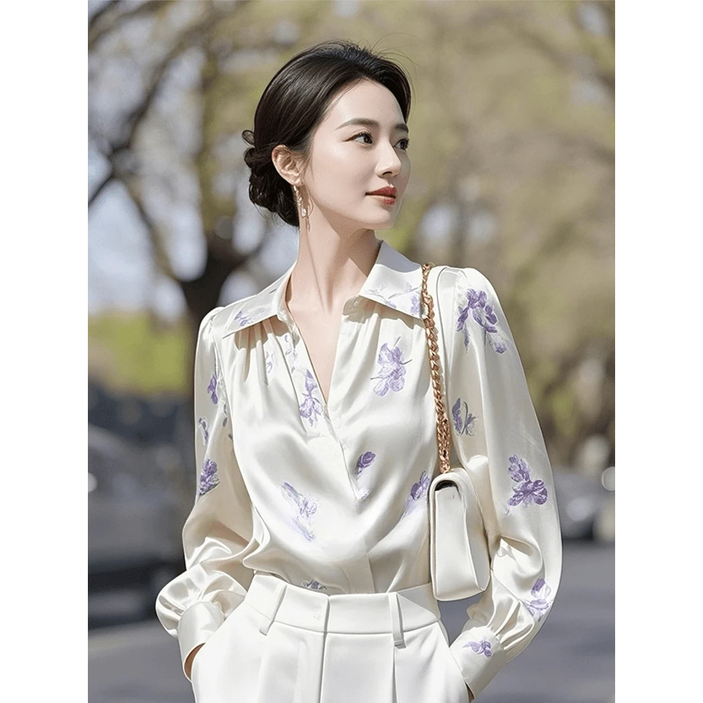 常规款POLO领不起球碎花法式衬衫长袖洋气气质衬衣复古小衫印花