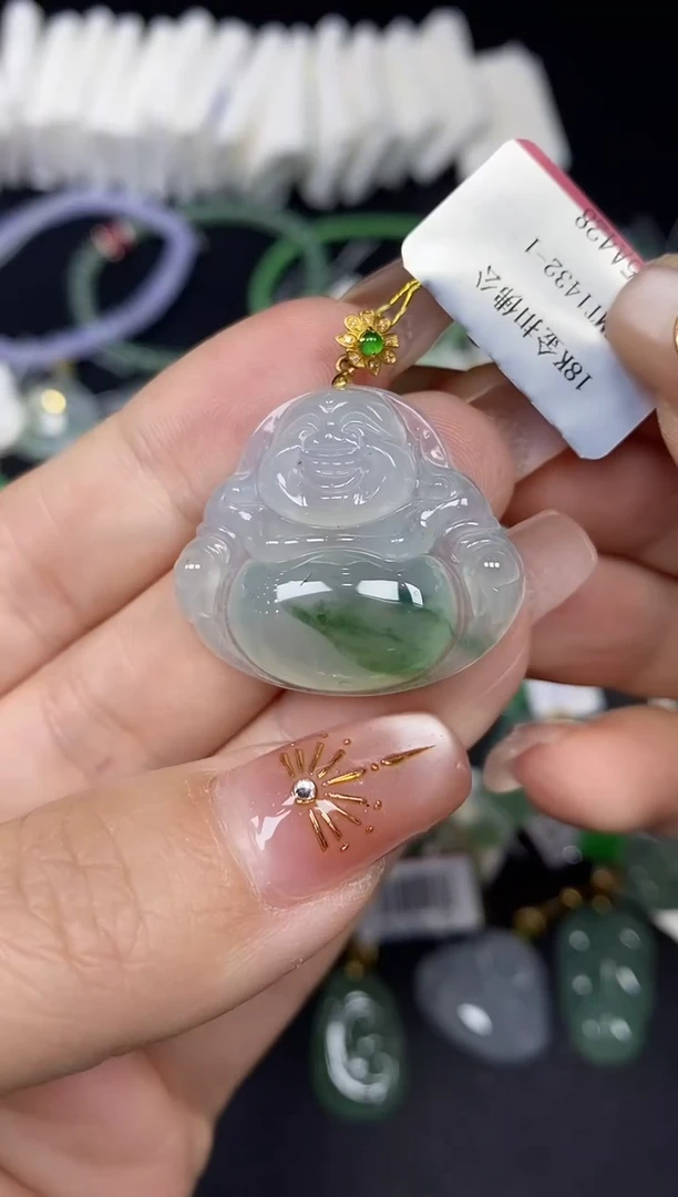 吊坠(不含链)18K金镶嵌翡翠佛公18K金扣镶嵌@@CMT1432-1