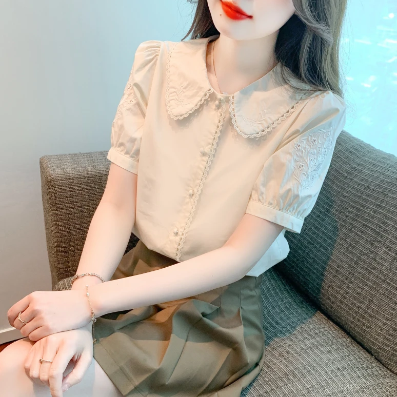 甜美蕾丝边娃娃领雪纺衫夏季2025新款设计感刺绣短袖衬衫百搭上衣