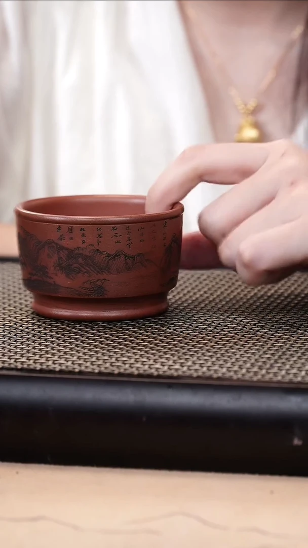 茶壶紫砂朱泥精工山水刻绘主人杯