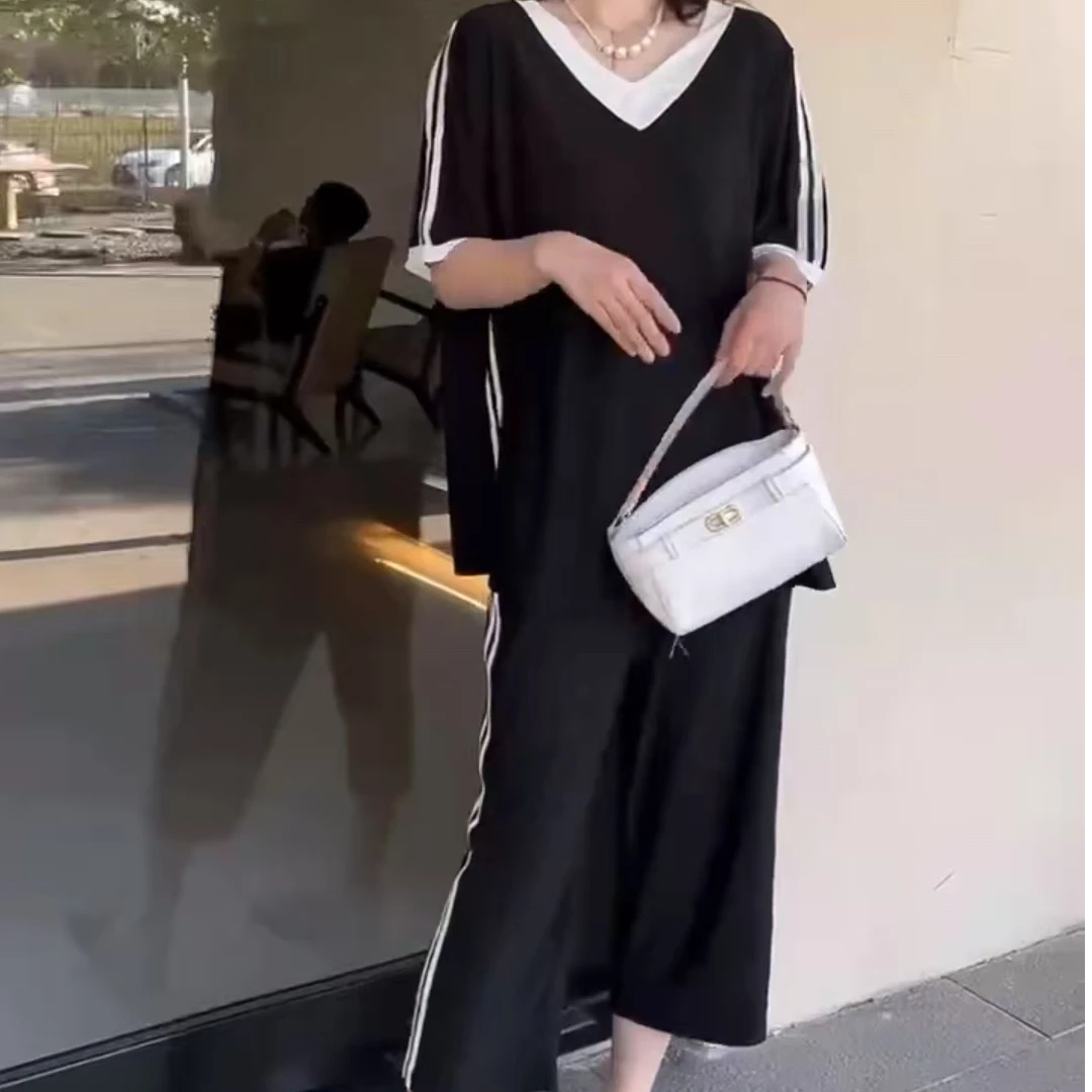 夏季新款大码女装百搭V领时尚胖MM显瘦套装2860