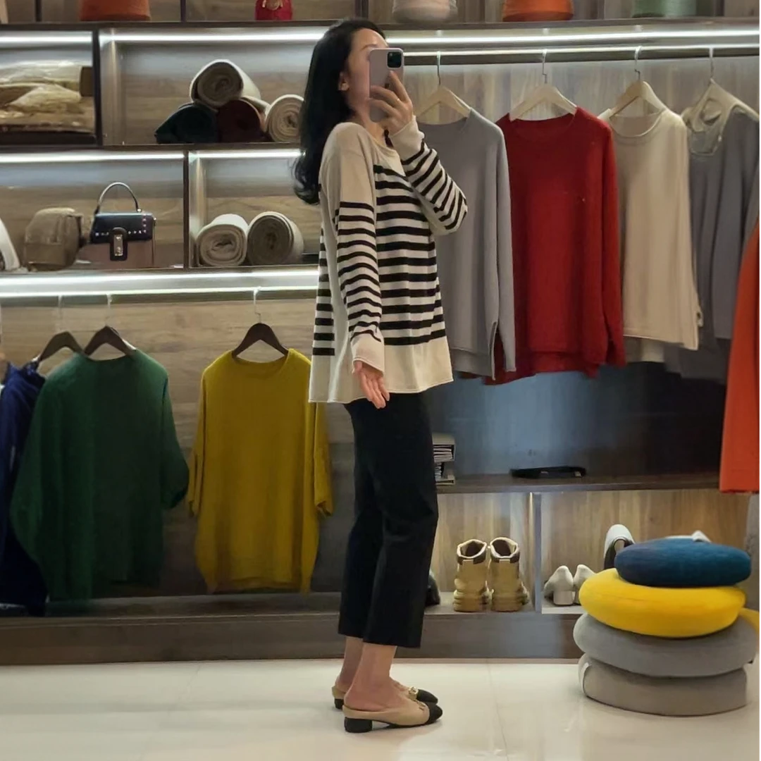 【100%纯山羊绒】圆领拼色针织上衣女 简约百搭