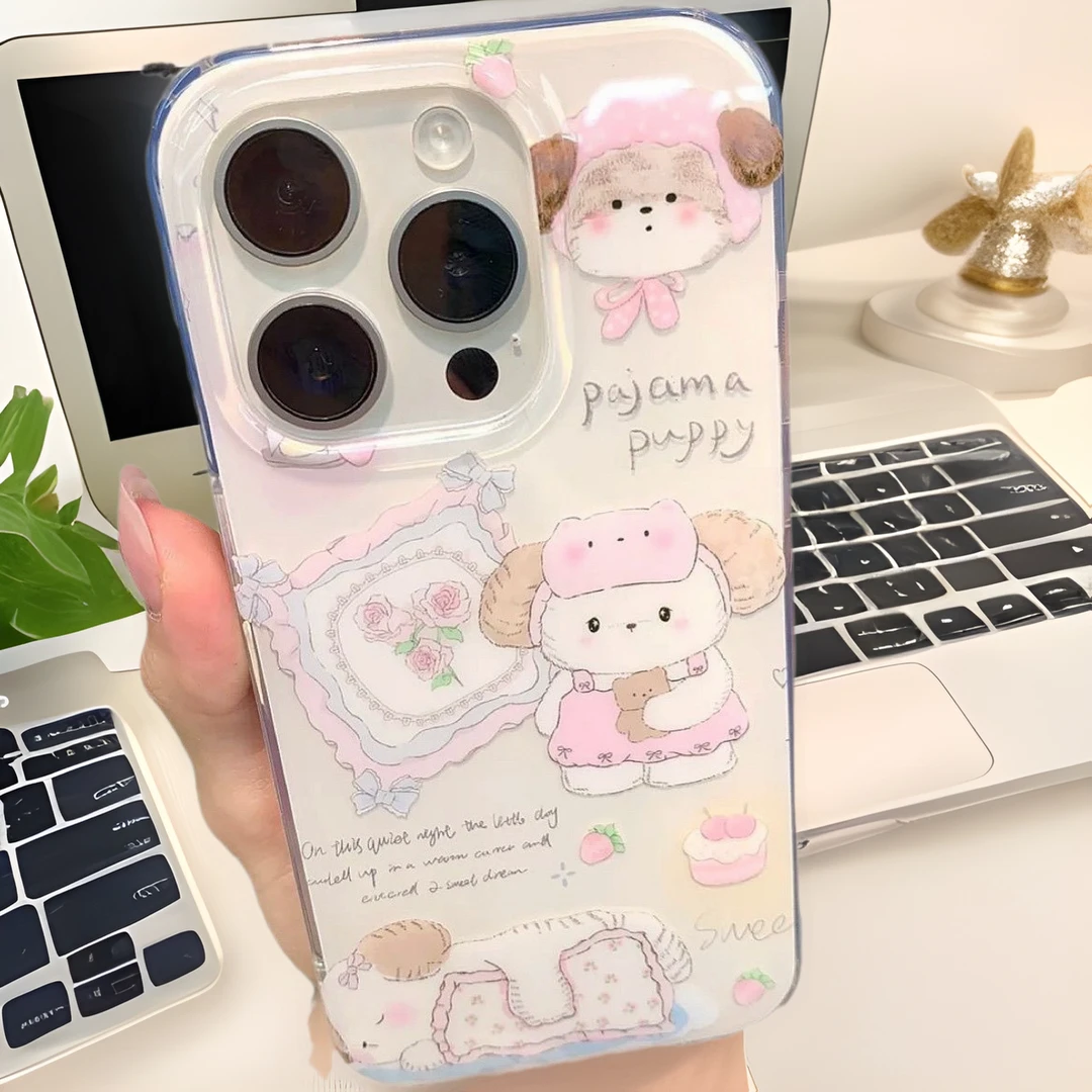 可爱小狗透明TPU手机壳双层白色粉裙防摔全包适用iPhone11至16Pro