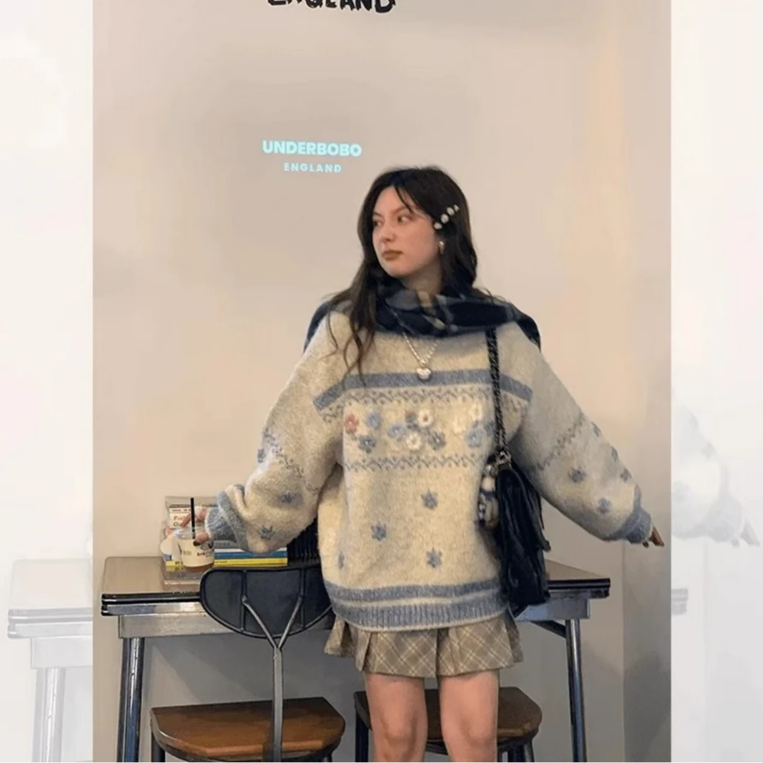 设计感手工提花毛衣女秋冬季加厚宽松慵懒复古针织衫上衣MZ041