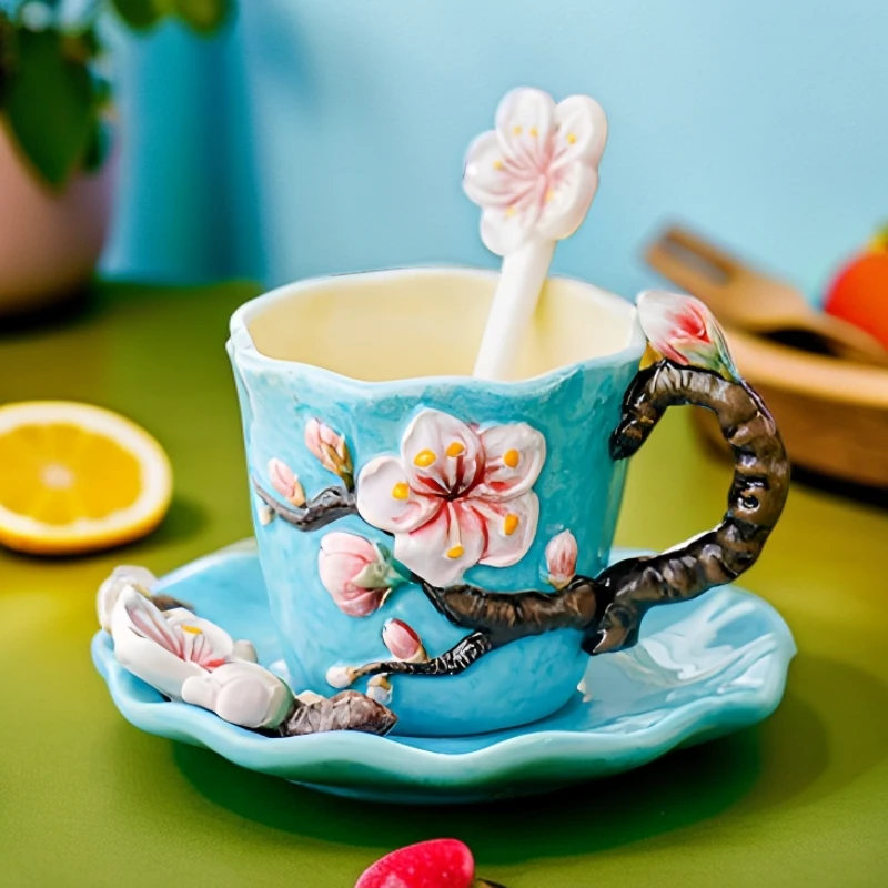 陶瓷釉下彩梵高杏花杯盘组花茶杯2025新品精致创意家用手绘
