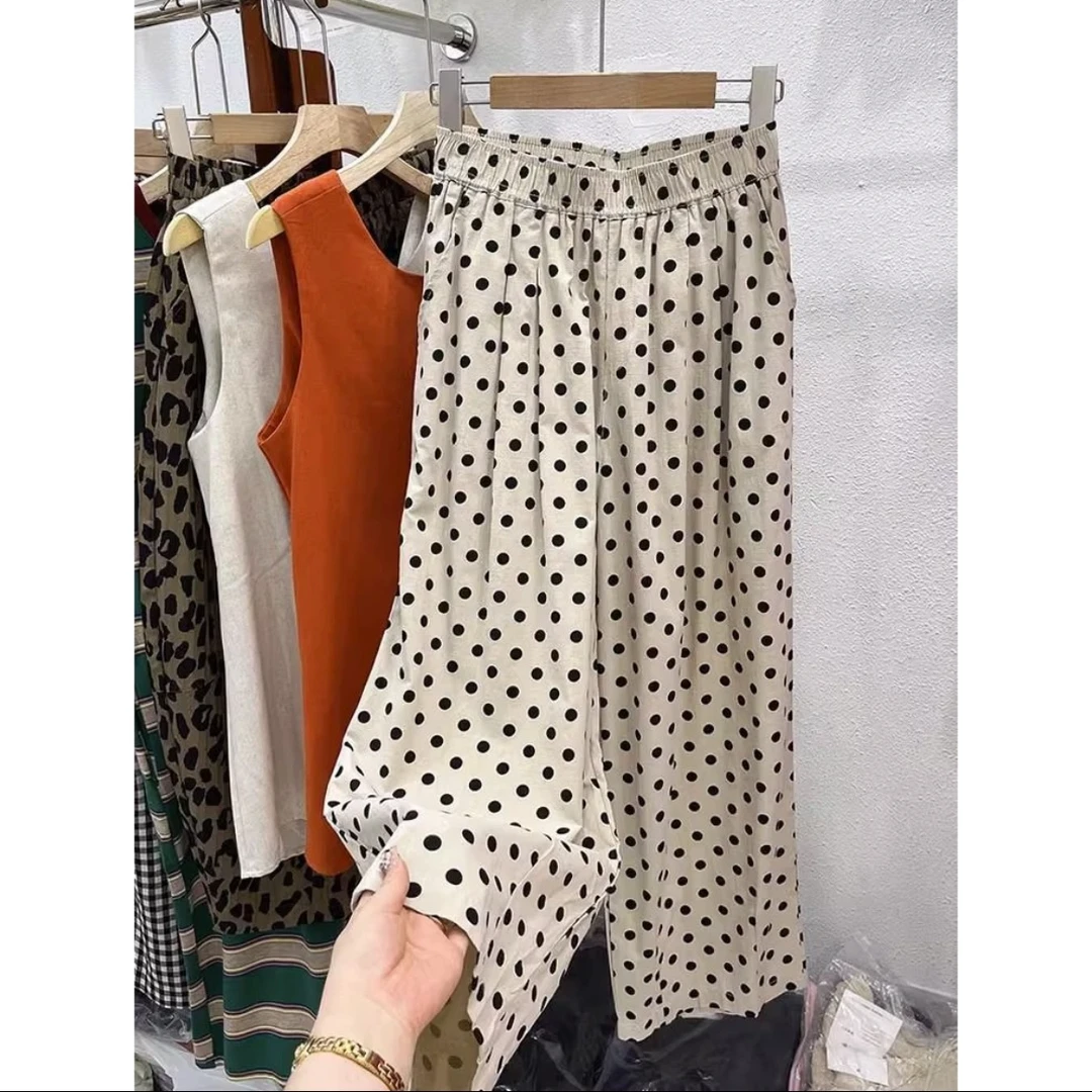 2025法式复古阔腿裤女高腰直筒裤百搭圆点休闲裤女宽松长裤