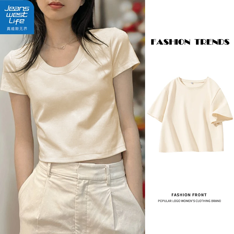 真维斯无界韩版T恤短款夏季ins高腰小众纯色设计感白色休闲风设计