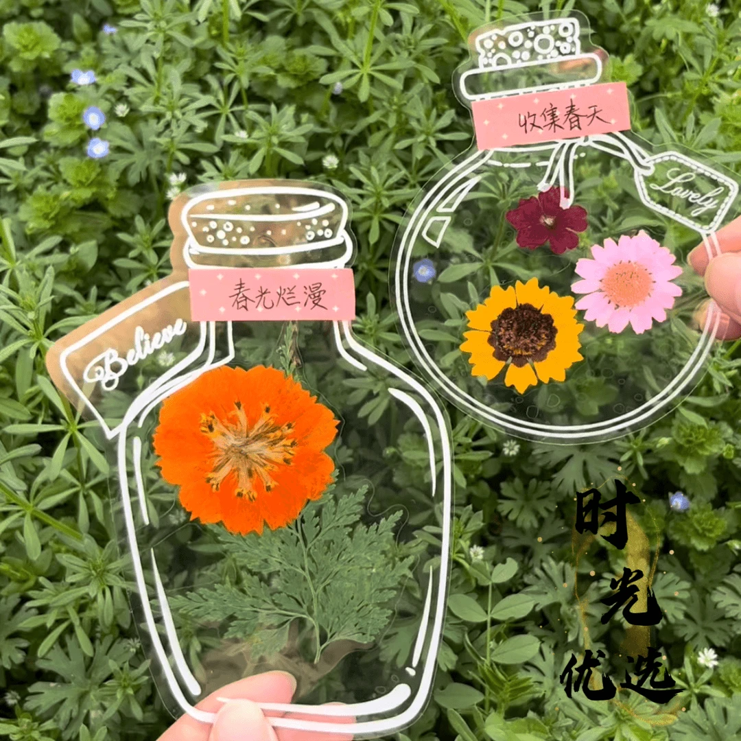 瓶子里的秋天手工DIY透明贴纸创意干花书签收集秋天树叶花瓣标本