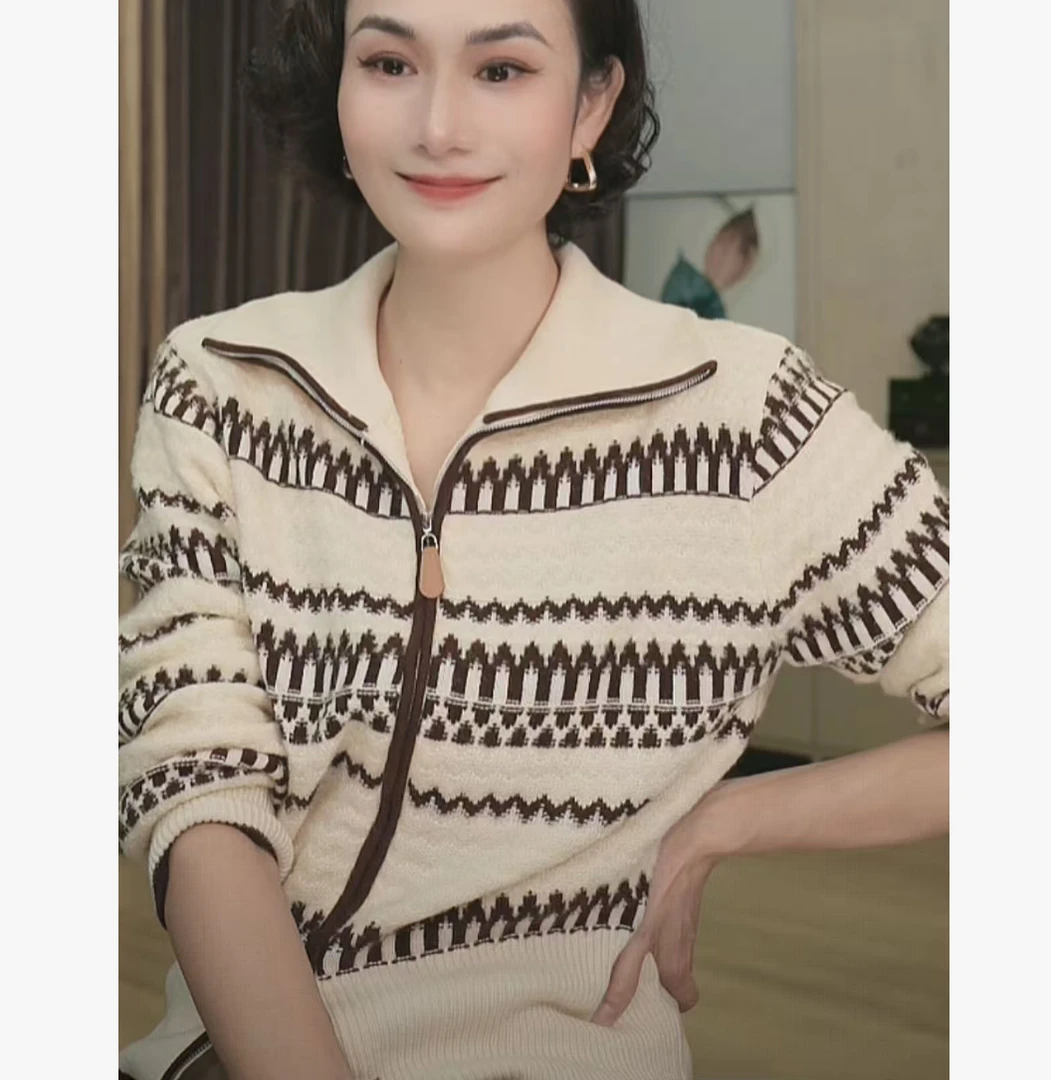 提花老钱风常规款针织毛针织衫设计感撞色翻领上衣