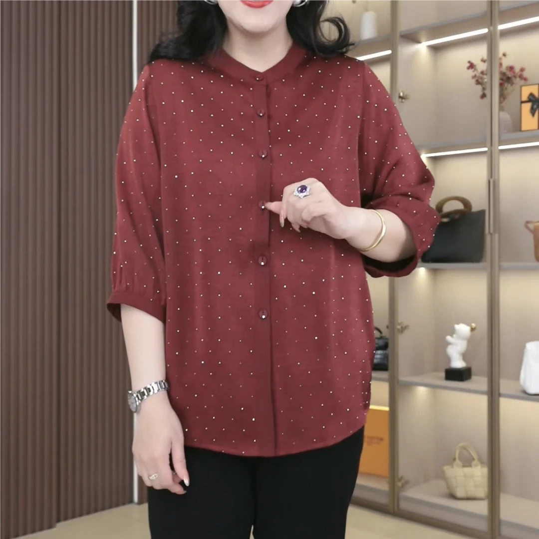 苏兰诺夏季新款显瘦宽松时尚气质烫钻百搭显瘦宽松圆领衬衫ZB7293