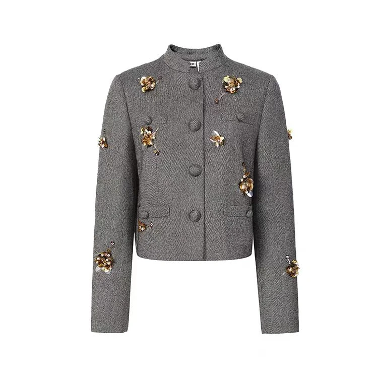 LeFame/拉飞姆2025年春季灰色经典人字纹钉珠外套LF25C21SC006