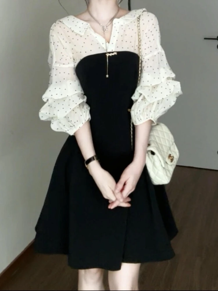 大方得体绝美裙子独特超好看气质高级感黑色假两件撞色波点连衣裙