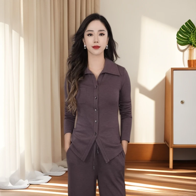 哥弟秋冬新款V领衬衫莫代尔亲肤感修身长袖衬衣女士内搭1301041