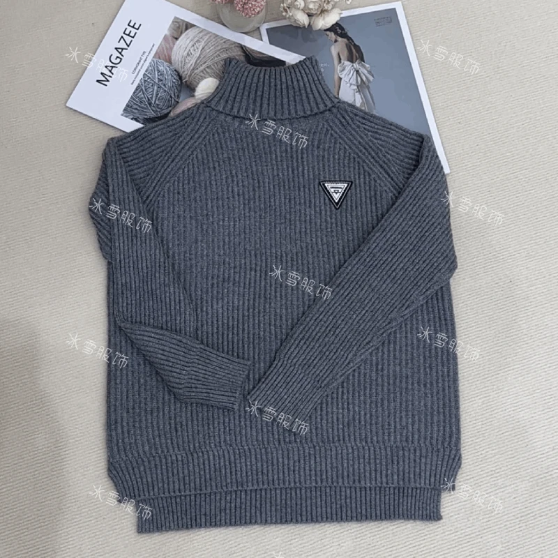 【三角标-灰】慵懒风高领针织衫秋冬新款宽松时尚百搭打底上衣