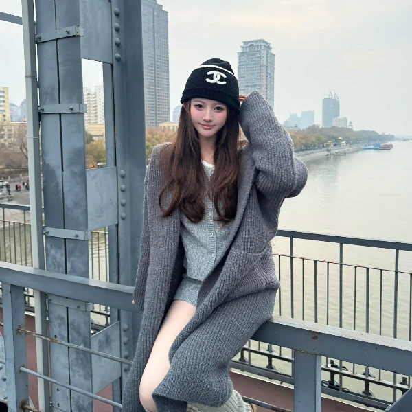 毛衣慵懒风连帽开衫秋冬季中长款秋加厚针织毛针织衫小香风气质