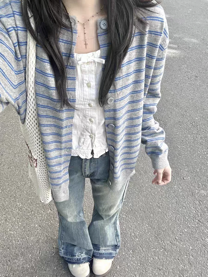 韩系复古条纹针织开衫女早秋季新款宽松外穿长袖外搭上衣毛衣外套