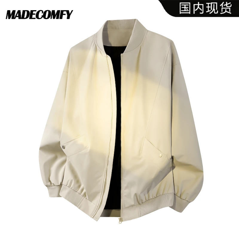 秋季外套男美式复古简约潮流立领夹克时尚休闲百搭纯色工装棒球服