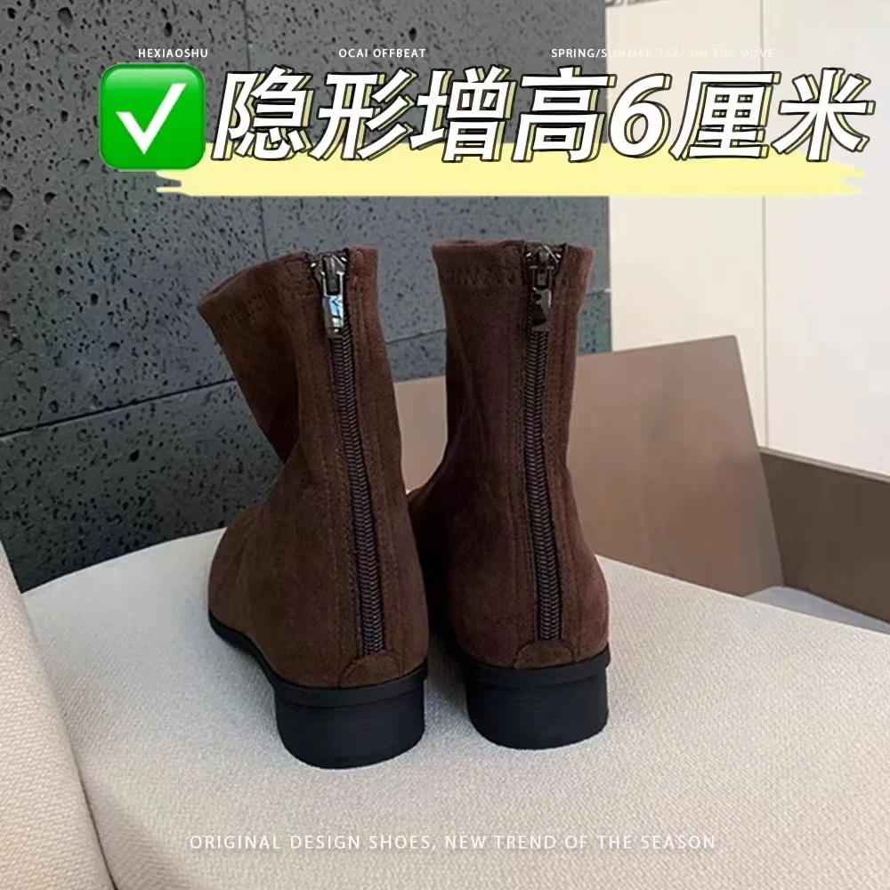 内增高3334靴子短靴女气质复古方头绒面百搭增高瘦瘦短筒靴女秋冬