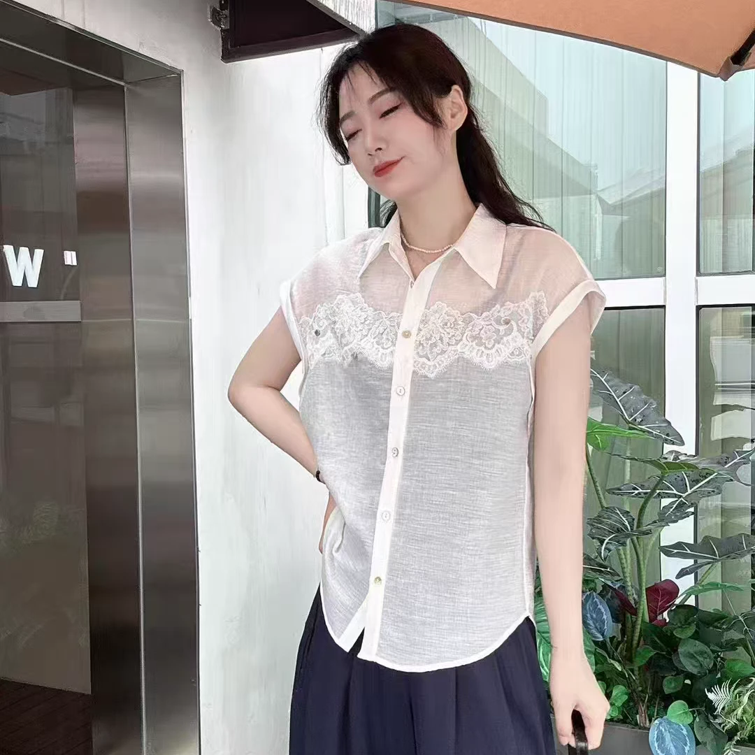 ANYUMO/安妤茉52603刺绣蕾丝拼接衬衫POLO领宽松夏女短袖