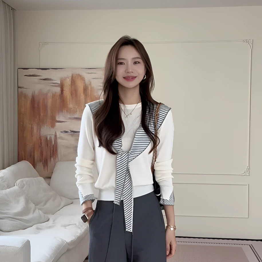 【余欢欢】秋季休闲袖口拼接连帽条纹可拆卸披肩针织衫-YHW50764