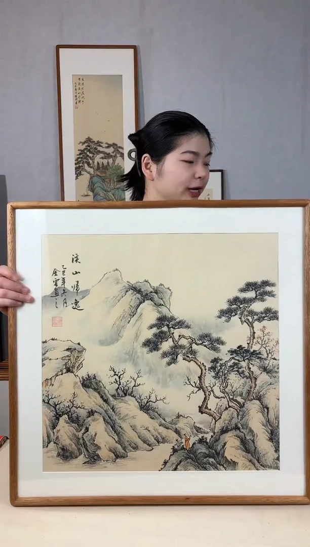 国画手绘*溪山归逸*62*62cm发黑胡桃色框*介意勿拍