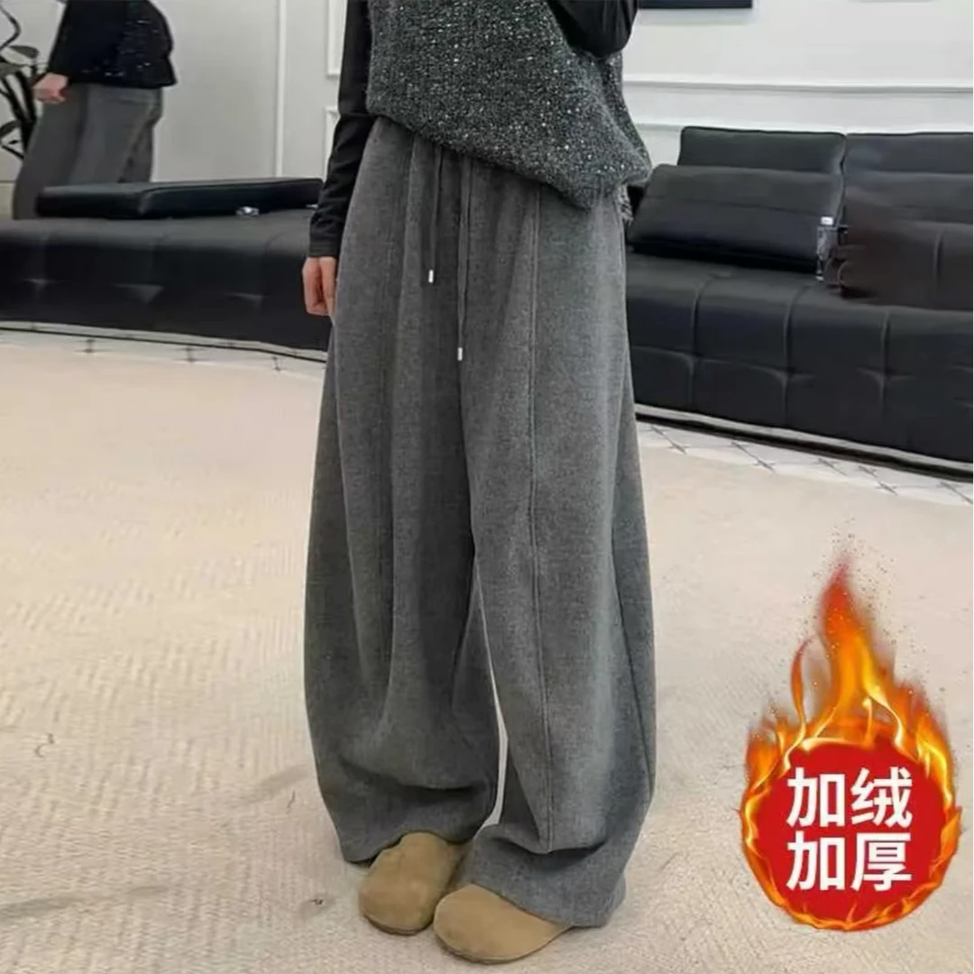 【羊呢绒+运险】初冬季新款韩版加绒加厚毛呢松紧腰抽绳弯刀裤长裤