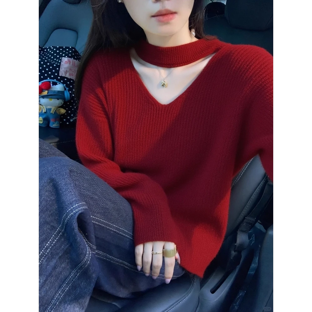 韩系独特漂亮红色挂脖针织衫女2025秋季新款气质优雅百搭显瘦毛衣