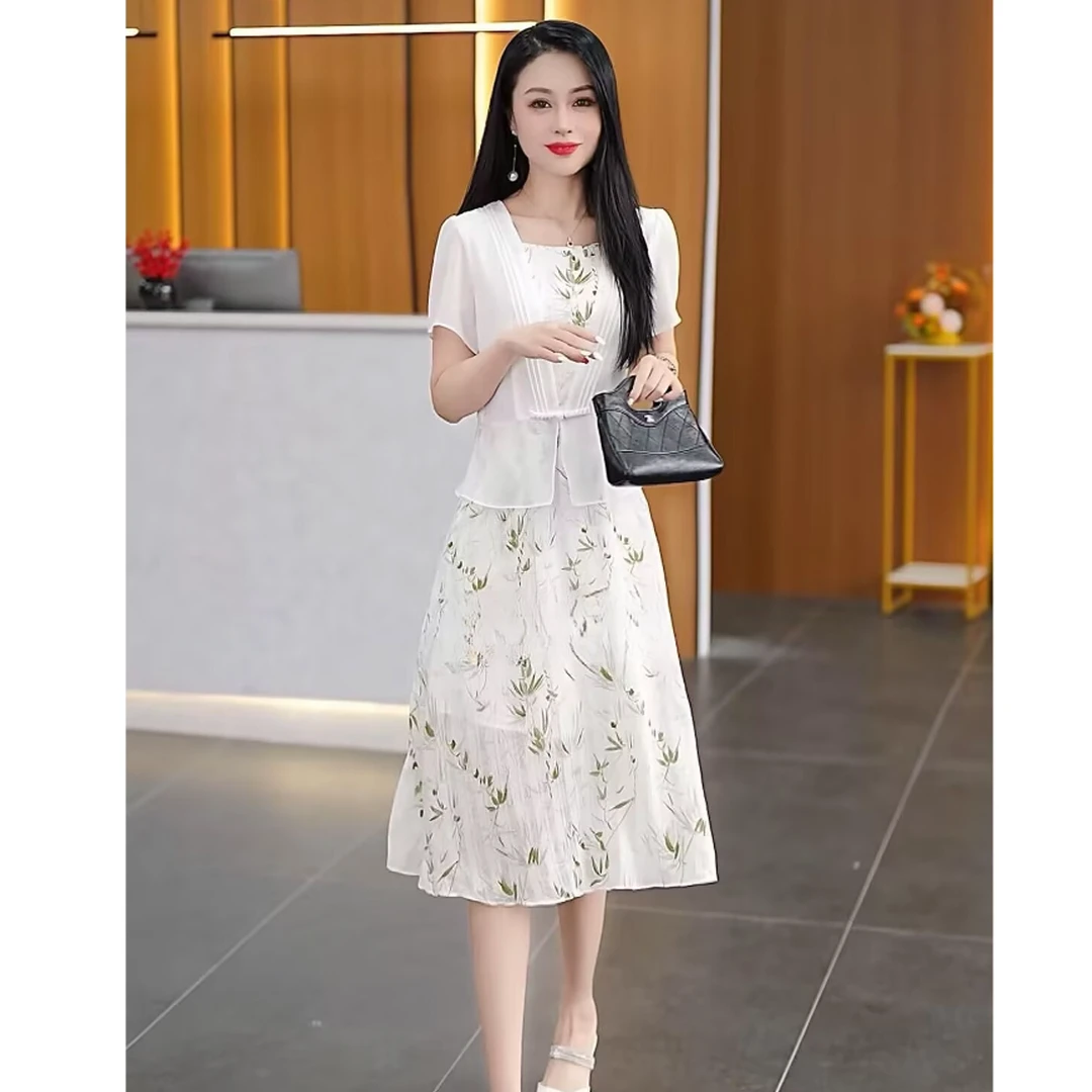 2025款夏季时尚中年气质显瘦印花裙子女洋气减龄假两件短袖连衣裙