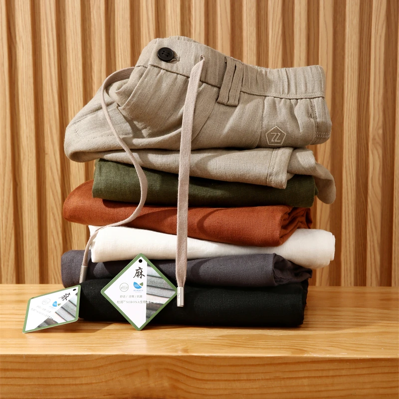 高端意奢 夏季亲肤透气休闲百搭松紧腰天然亚麻短裤男士五分裤