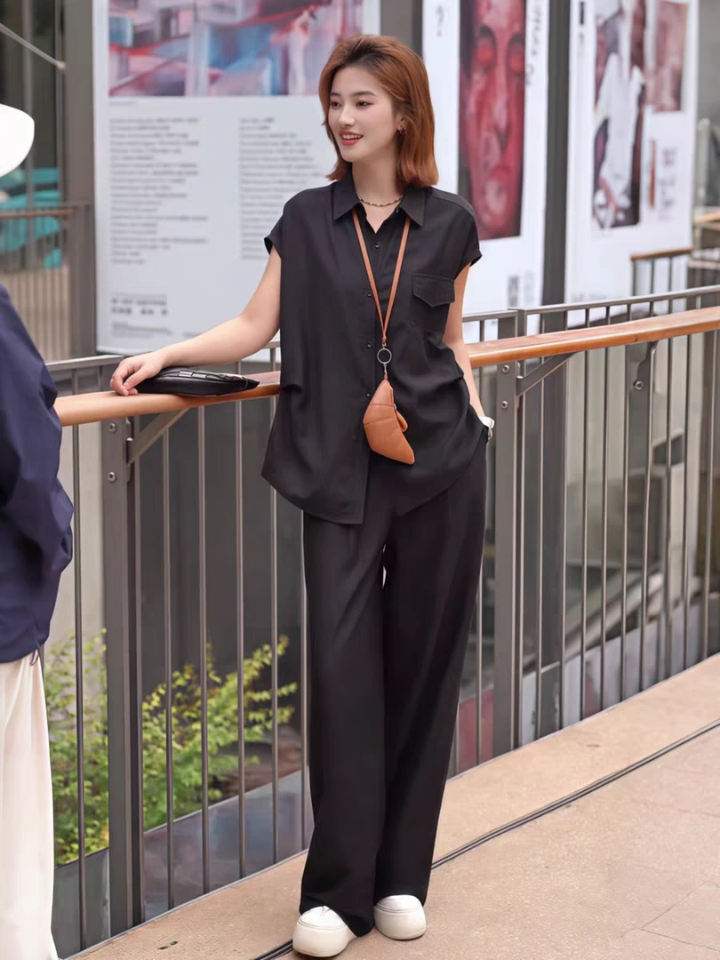2025夏季新款时尚套装女士百搭精致穿搭纯黑高级设计师同款两件套