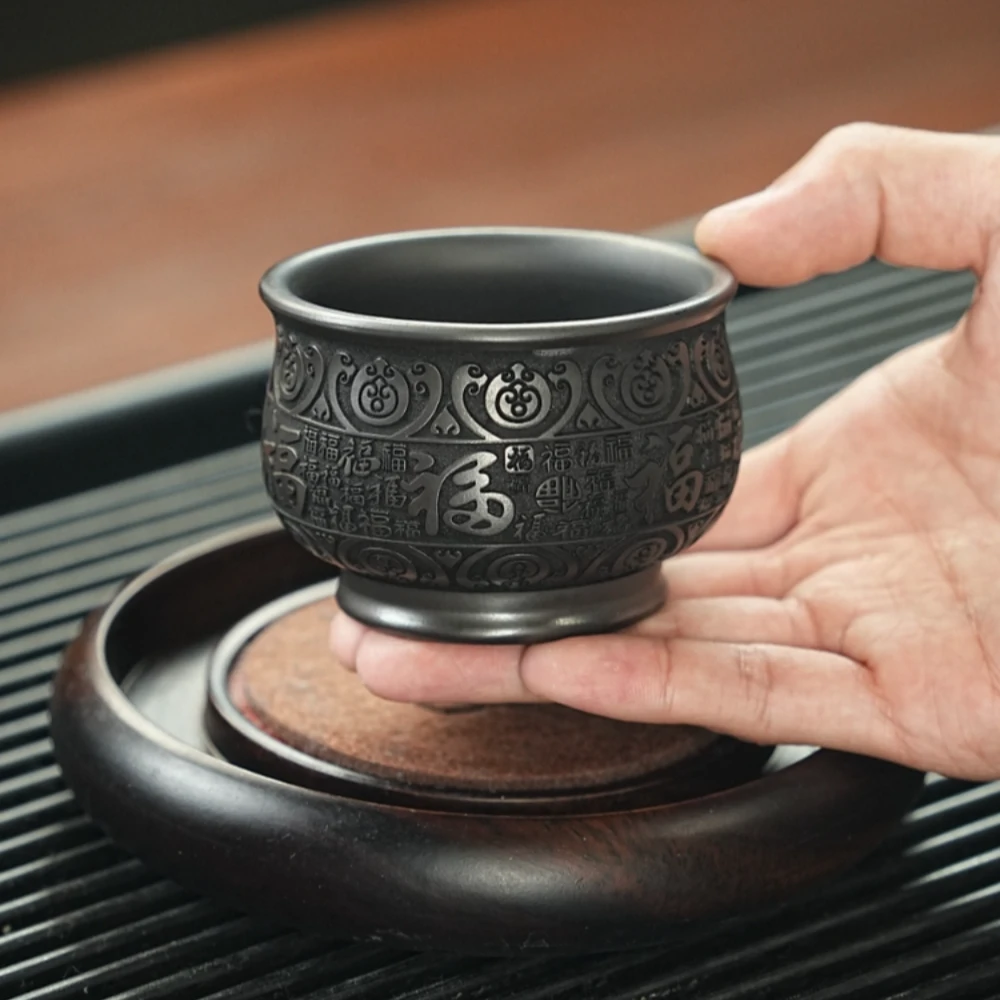 宜兴原矿石黄手工浮雕刻绘百福紫砂主人杯 NX家用