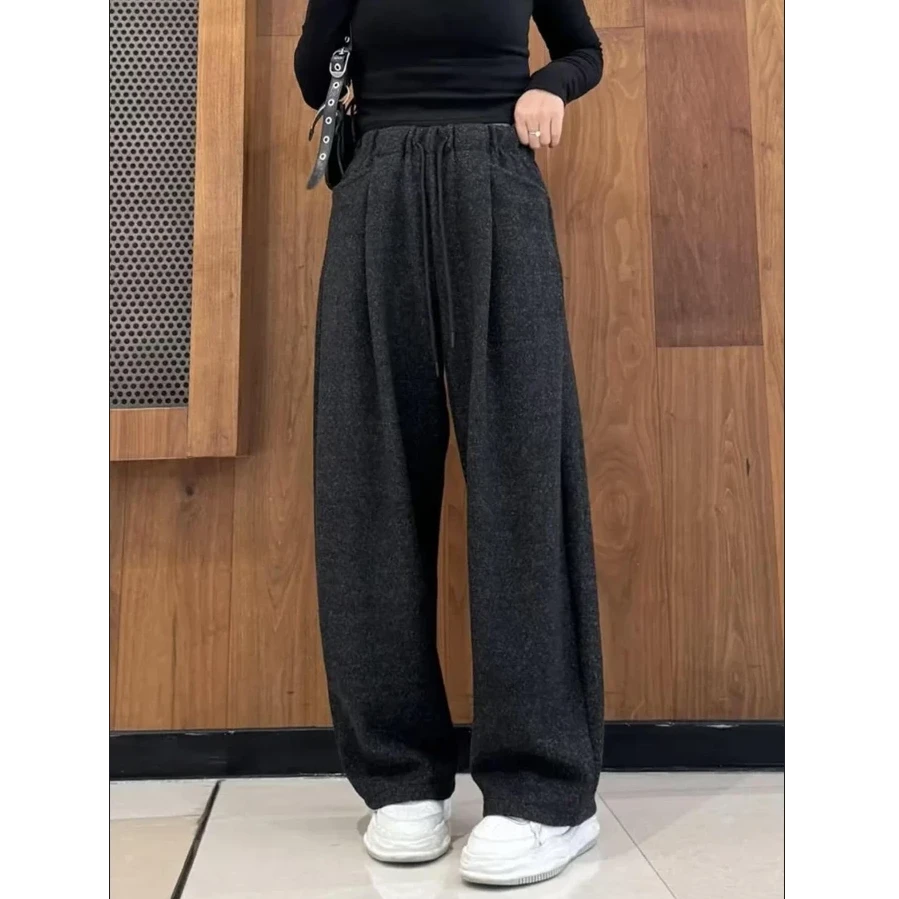 慵懒风云朵绒阔脚裤加绒加厚女秋冬新款宽松显瘦韩版高腰弯刀裤WM