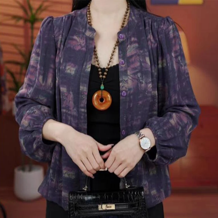 春夏薄款长袖防晒花色冰丝雪纺开衫中年妈妈休闲百搭时尚衬衫