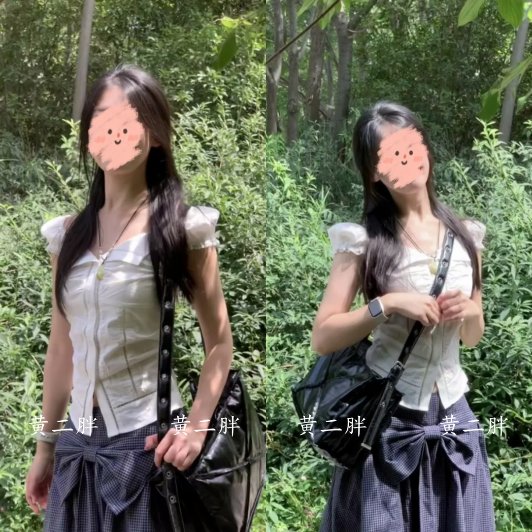 韩系甜美泡泡袖翻领衬衫女高级感格纹大蝴蝶结半身裙套装2025新款