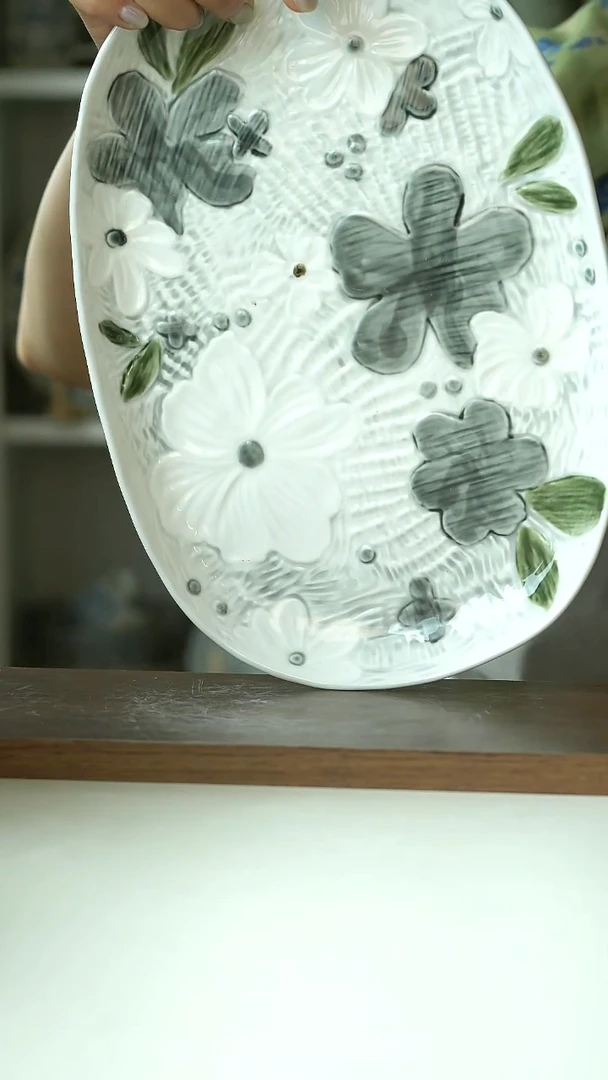 微瑕有田烧手作野绘集椭圆盘30cm@4-2@