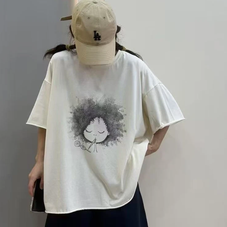 夏季雪花麻印花t恤10037复古重工时尚百搭宽松半袖圆领设计师
